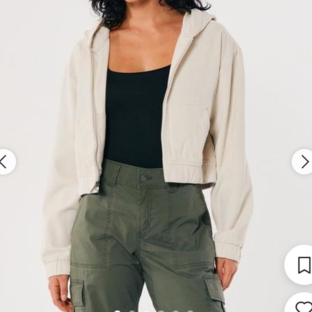 HOLLISTER • lightweight fall corduroy hoodie zip jacket light cream Y2K oversize